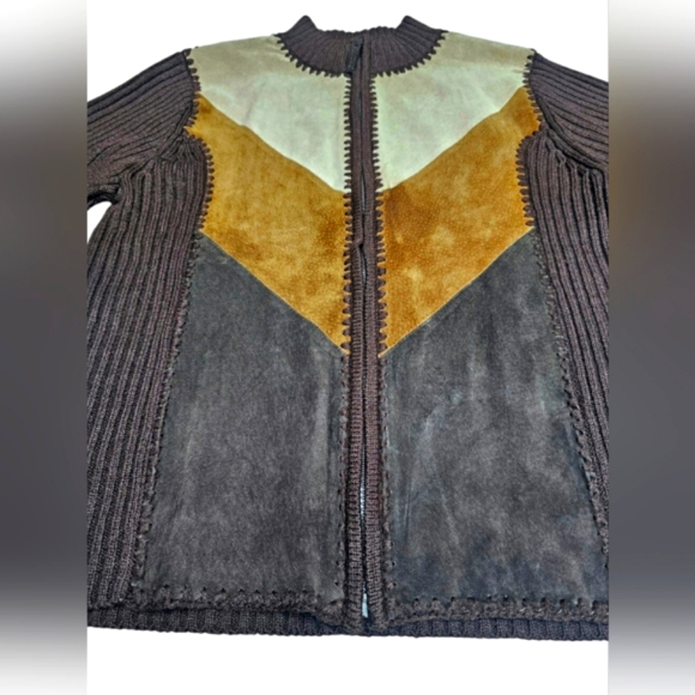 Vintage Designer Studio Western Leather Stitch Colorblock Zip up Jacket Brown - Picture 11 of 15